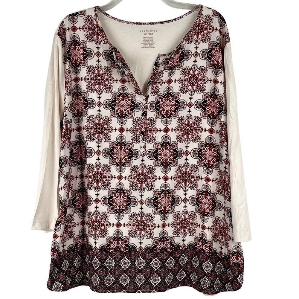 Van Heusen Women's Geometric Pattern 3/4 Sleeve V-Neck Blouse XXL